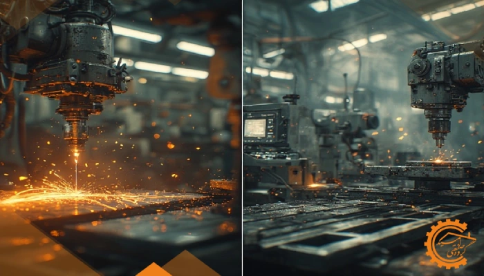 تصویر مقایسه‌ای میان دستگاه خمکاری NC قدیمی با نوار پانچ و دستگاه CNC مدرن چندمحوره دارای کنترلر لمسی و سنسورهای پیشرفته.